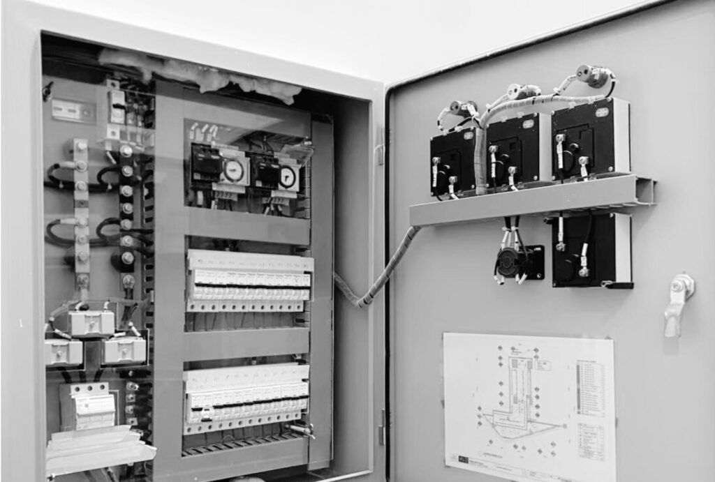 Installed control and infrastructure cabinet representing professional hardware installation