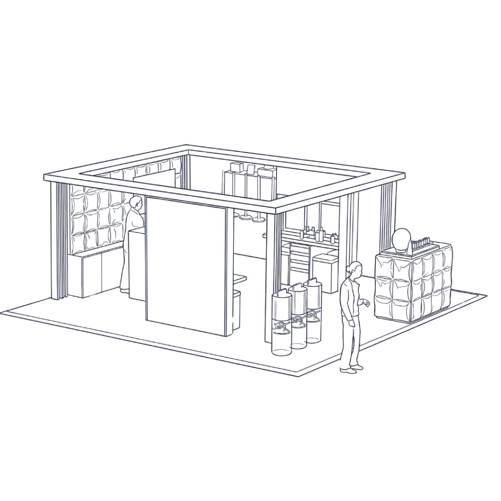 Concept sketch for an intellectual property brand activation booth