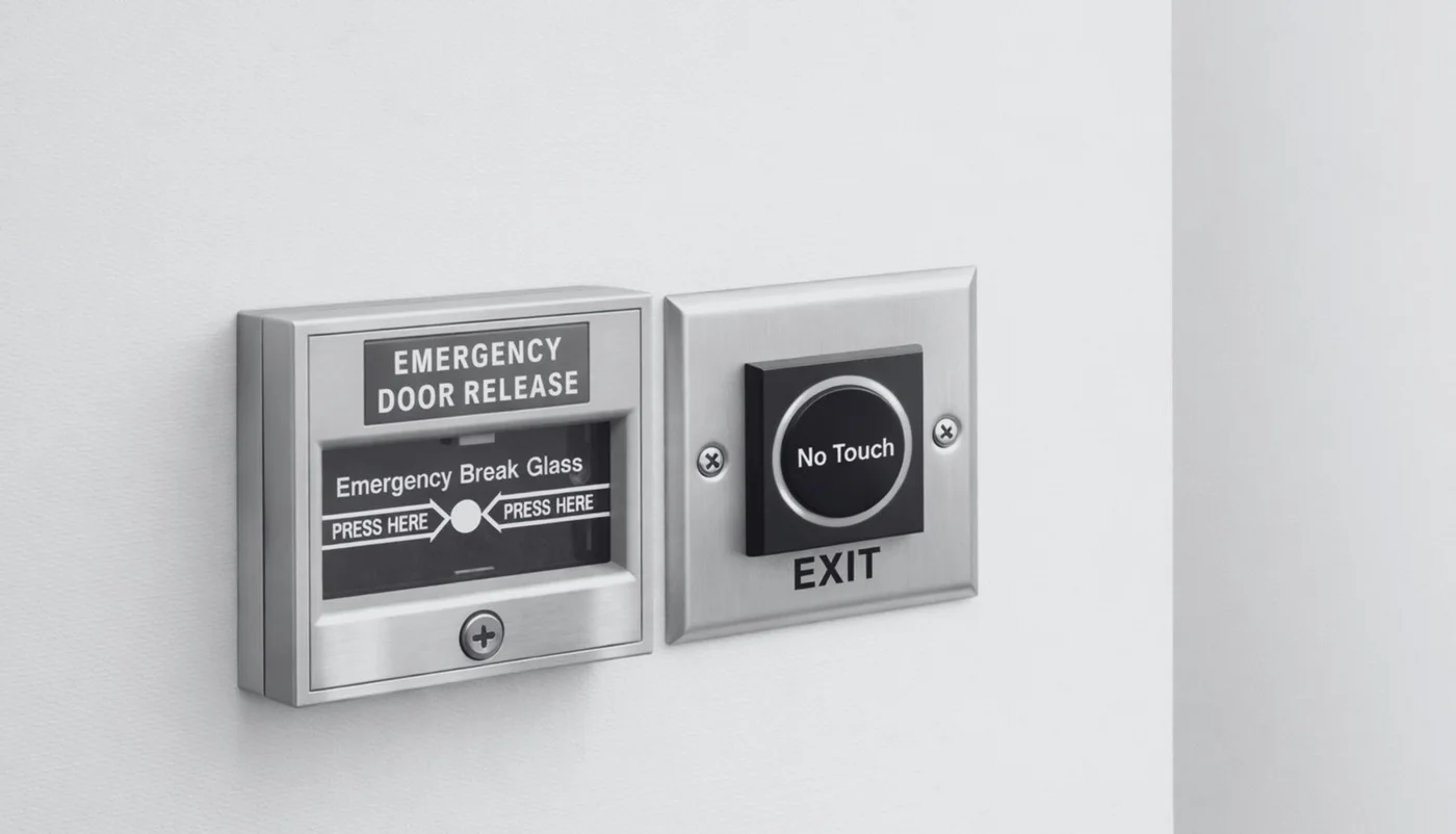 Emergency door release and touchless exit button for access control planning