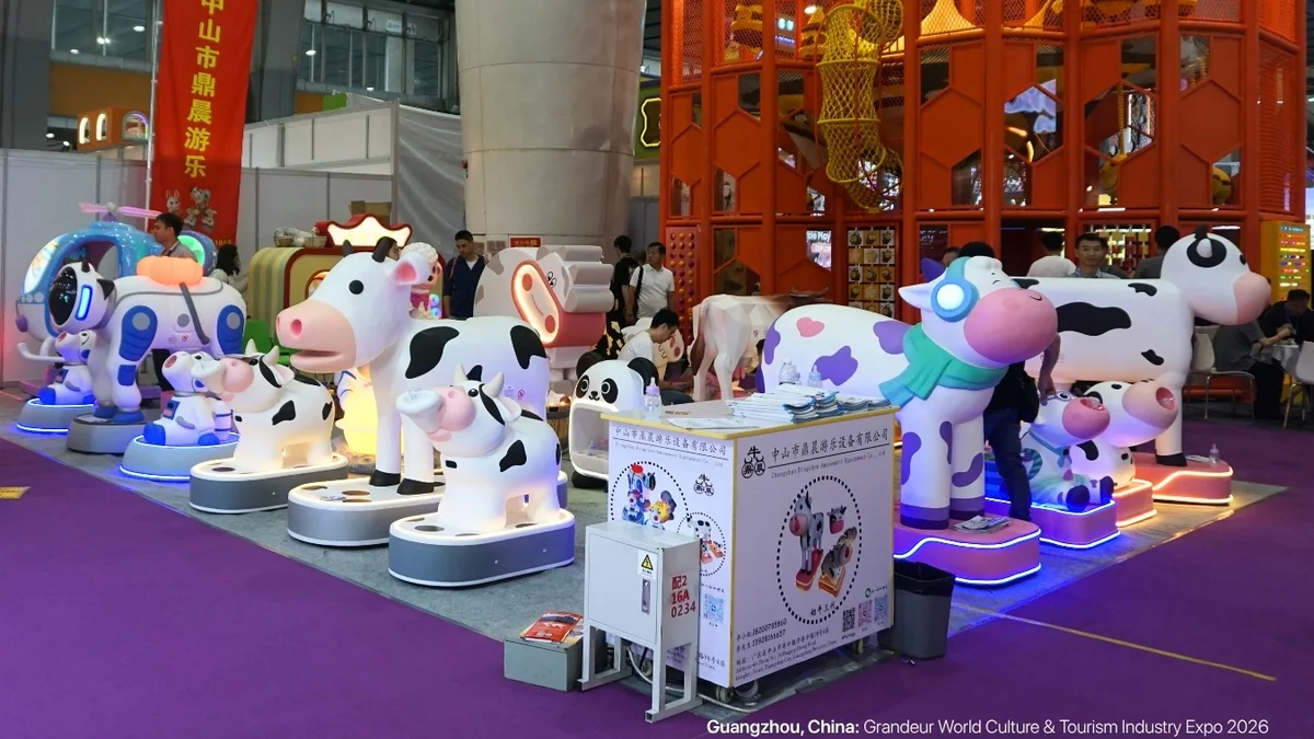 Character-themed attractions and merchandise at a Guangzhou entertainment industry expo
